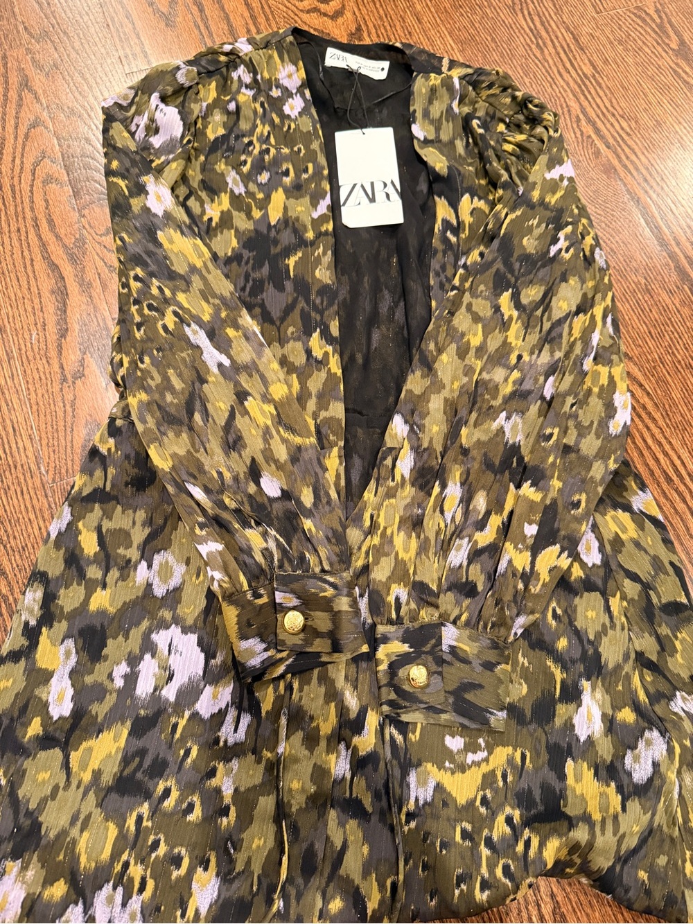 Zara Long Sleeve Dress in Olive Green, Black & Lavender Print
